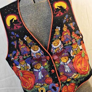 HALLOWEEN Hand Made 90s Womens Vest Button Teddy Bears Party Black